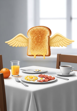 A piece of toast with angel wings hovers over a breakfast table set with eggs, bacon, and orange juice.の素材