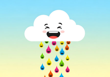 A cheerful cartoon cloud showers the viewer with vibrant, multicolored raindrops shaped like popular emojis, set against a gradient sky.の素材