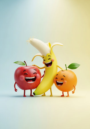 A joyful apple, banana, and orange dancing and laughing together, representing friendship and healthy eating.の素材