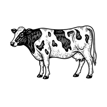 Detailed vintage illustration of a Holstein Friesian cow, standing profile view, black and white sketch style.のイラスト素材