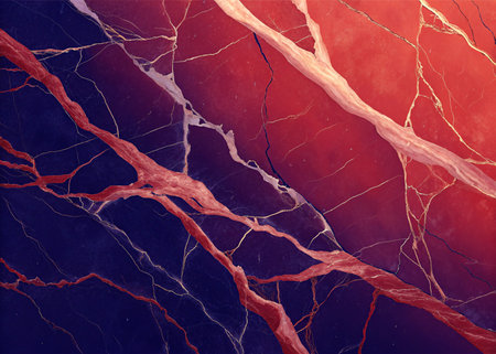 Experience the captivating allure of this rich red and deep blue marble texture. Its dramatic veining offers a luxurious, abstract backdrop perfect for sophisticated designs and upscale projects.の写真素材