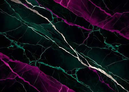 Captivating dark marble texture infused with striking magenta and emerald veins. Evokes luxury, sophistication, and modern elegance for premium designs.の写真素材