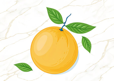 A single, plump orange with lush green leaves pops against a sophisticated white marble backdrop with subtle golden accents, perfect for health, food, or lifestyle visuals.の写真素材
