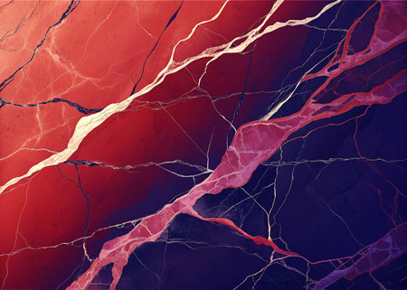 Striking abstract marble texture with bold red and deep blue hues, interwoven with delicate gold veins. Perfect for modern design projects needing a luxurious, energetic feel.の写真素材