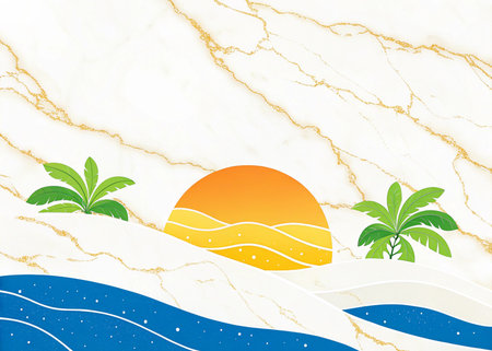 Experience pure bliss with this stunning tropical sunrise, where vibrant ocean waves meet lush greenery and elegant gold marble. Perfect for travel, wellness, and luxury themes.の写真素材
