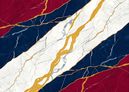 Rich, abstract marble texture with striking gold veins and bold navy, white, and red bands creates a luxurious and sophisticated background perfect for premium designs.の写真素材