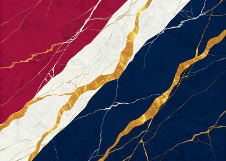 Experience opulent elegance with this luxurious abstract marbling. Deep navy, crimson, and white hues blend with striking gold veins for a sophisticated, modern aesthetic.の写真素材