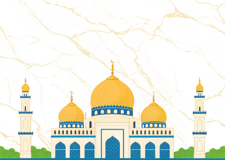 Experience serene beauty with this elegant mosque design featuring golden domes and intricate details on a luxurious marble background, ideal for cultural and religious celebrations.の写真素材