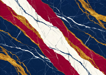 Experience opulent elegance with this dynamic abstract marble texture featuring rich navy, striking red, pure white, and dazzling gold veins. Perfect for luxury branding and sophisticated designs.の写真素材