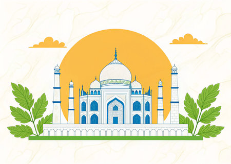 Experience the magic of the Taj Mahal with this vibrant illustration. Perfect for travel, culture, and heritage themes. Inspire wanderlust and explore India's iconic wonder.の写真素材