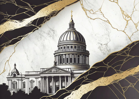 Experience the fusion of classic architecture and opulent abstract design. This sophisticated visual blends marble textures with shimmering gold accents, perfect for projects demanding prestige and power.の写真素材