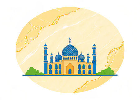 Captivating Islamic mosque design featuring brilliant blue domes and intricate golden details, evoking a sense of peace and cultural richness. Perfect for projects needing spiritual or architectural themes.の写真素材