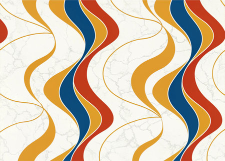 A striking retro wave pattern in bold red, blue, and gold dances across a textured marble background, perfect for vibrant interior design or bold fabric prints.の写真素材
