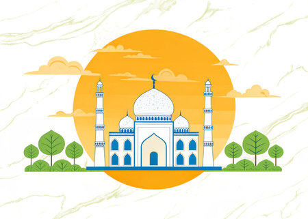 Experience the timeless beauty of a grand white mausoleum, its iconic domes and minarets reaching towards a vibrant sunset sky, perfect for travel and cultural themes.の写真素材