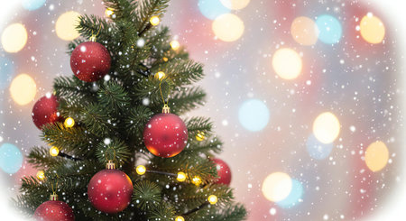 Festive Christmas tree decorated with red ornaments and twinkling lights, holiday magicの素材