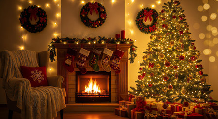 Cozy Christmas scene with fireplace, decorated tree, and presents creates holiday warmthの素材