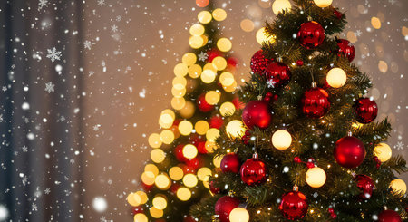 Festive Christmas tree decorated with red ornaments and glowing lights in a winter wonderlandの素材