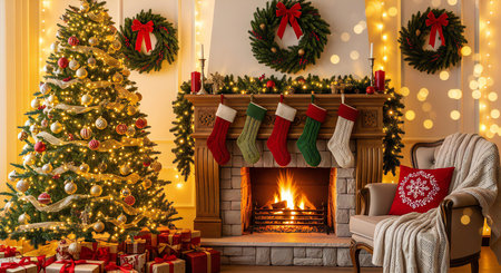 Cozy Christmas scene with decorated tree, fireplace, and festive decor creating warmthの素材