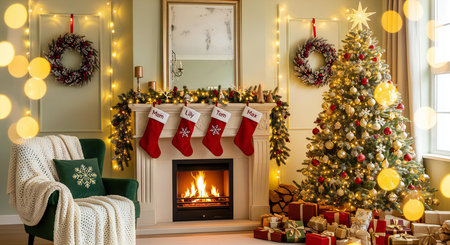 Cozy Christmas Eve scene with stockings hung by the fire and a decorated Christmas treeの素材