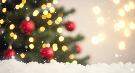 Festive Christmas tree with red ornaments and bokeh lights creating a warm holiday sceneの素材