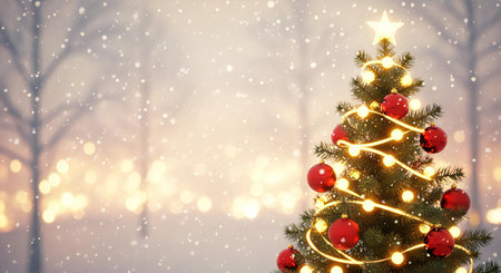 Capture the magic of Christmas with this tree glittering under snowfall and bright lightsの素材