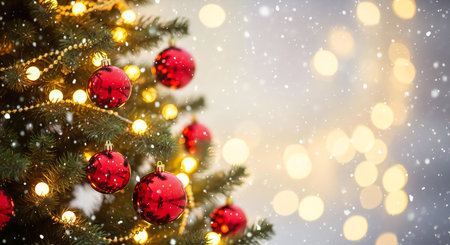 Capture the magic of Christmas with this festive tree adorned with red ornamentsの素材