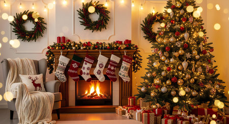 Experience the warmth of a cozy Christmas with a decorated tree and crackling fireの素材