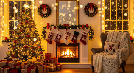 Cozy Christmas scene with decorated tree, fireplace, gifts, and festive holiday decorの素材