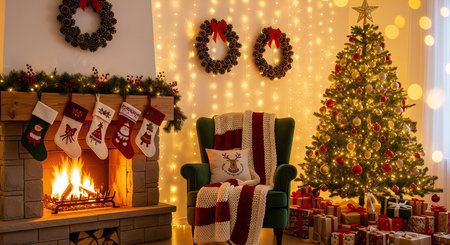 Warm and inviting Christmas scene with glowing tree, fireplace, and cozy festive decorの素材