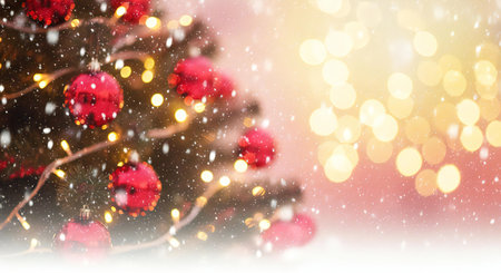 Experience the magic of Christmas with glowing lights and a snow-covered tree indoorsの素材