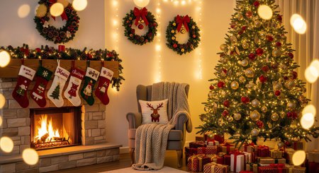 Cozy Christmas scene with fireplace, decorated tree, and gifts creating holiday warmthの素材