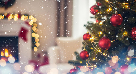 Cozy Christmas scene with tree, ornaments, fireplace, lights, and falling snow indoorsの素材