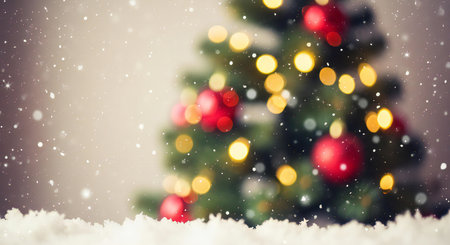 Dreamy Christmas tree with bokeh lights and falling snow for holiday cheer backgroundの素材