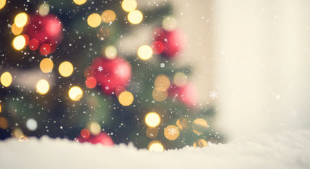 Create a cozy Christmas mood with this charming view of a tree with glowing lightsの素材