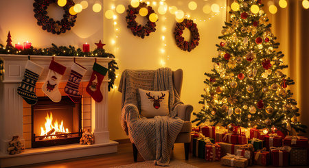 Cozy Christmas scene with fireplace, decorated tree, and festive holiday decorationsの素材