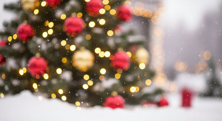 Elegant festive Christmas tree with glowing lights and snow falling softly, magical vibeの素材