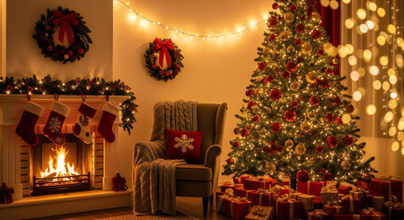 Cozy Christmas evening scene with fireplace, presents, and decorated Christmas treeの素材