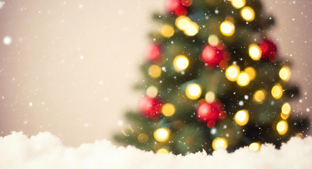 Festive Christmas tree with glowing lights and delicate snowfall for holiday magicの素材