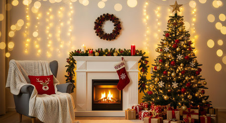 Experience cozy Christmas Eve magic with a crackling fireplace and decorated treeの素材