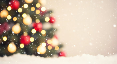 Create festive holiday magic with this cozy Christmas tree and falling snow backgroundの素材