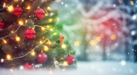 Magical Christmas tree glows with lights and red ornaments in a snowy wonderlandの素材