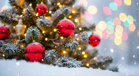 Capture the magic of Christmas with glowing ornaments, sparkling lights, and falling snowの素材