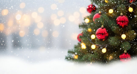 Capture the magic of Christmas with this festive tree and snowfall background sceneの素材