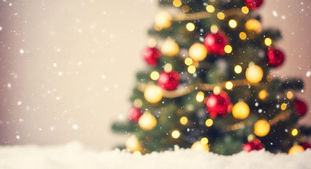 Magical snowfall on decorated evergreen Christmas tree with glowing lights ornamentsの素材