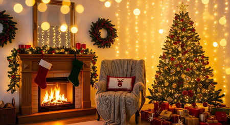 Warm Christmas glow in a cozy living room with fireplace and decorated tree at nightの素材