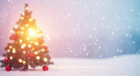 Magical Christmas tree glows with holiday lights in a snowy winter wonderland sceneの素材