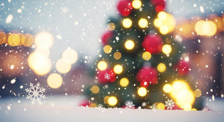 Magical snowfall on Christmas tree with ornaments and lights creating festive cheerの素材