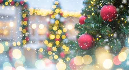 Celebrate the festive season with these stunning red Christmas tree ornaments glisteningの素材