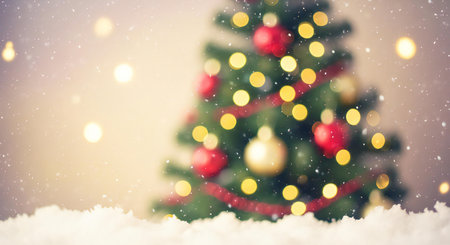 Magical Christmas tree sparkles with lights, snowflakes falling in cozy winter sceneの素材