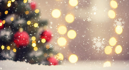 Festive Christmas tree with red ornaments and falling snow, creating a warm holiday sceneの素材